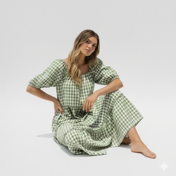 Zoco Daymaker Gingham Dress Green Cream Medium Large - Picture 2 of 4